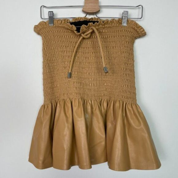 A.L.C. Jenny Smocked Vegan Faux Leather Mini Skirt Petite Grain Tan 4 - Picture 3 of 9